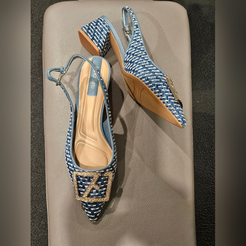 FRANCO SARTO Ornament Pointed Toe Block Heel Slingback Pumps Blue Tweed 9M